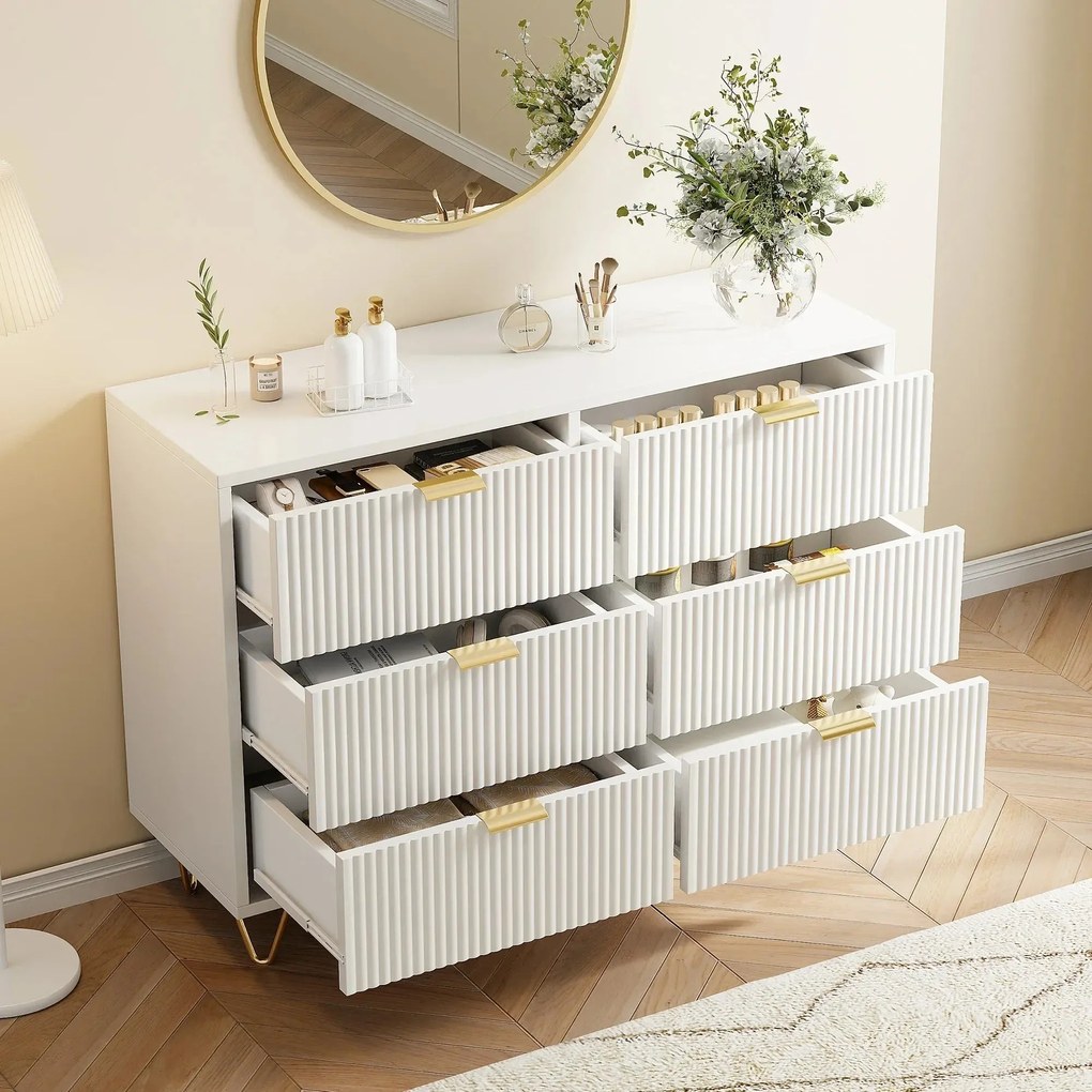 Cómoda com 6 Gavetas – Coimbra – 100x72x34 cm - Branco e Dourado - Des