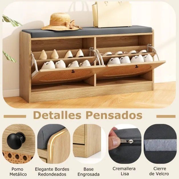 Banco Sapateira 101,5 x 24 x 48 cm de Rattan com 2 Gavetas Rebatíveis e Prateleiras Ajustáveis Almofada de Assento Acolchoada para Corredor Natural
