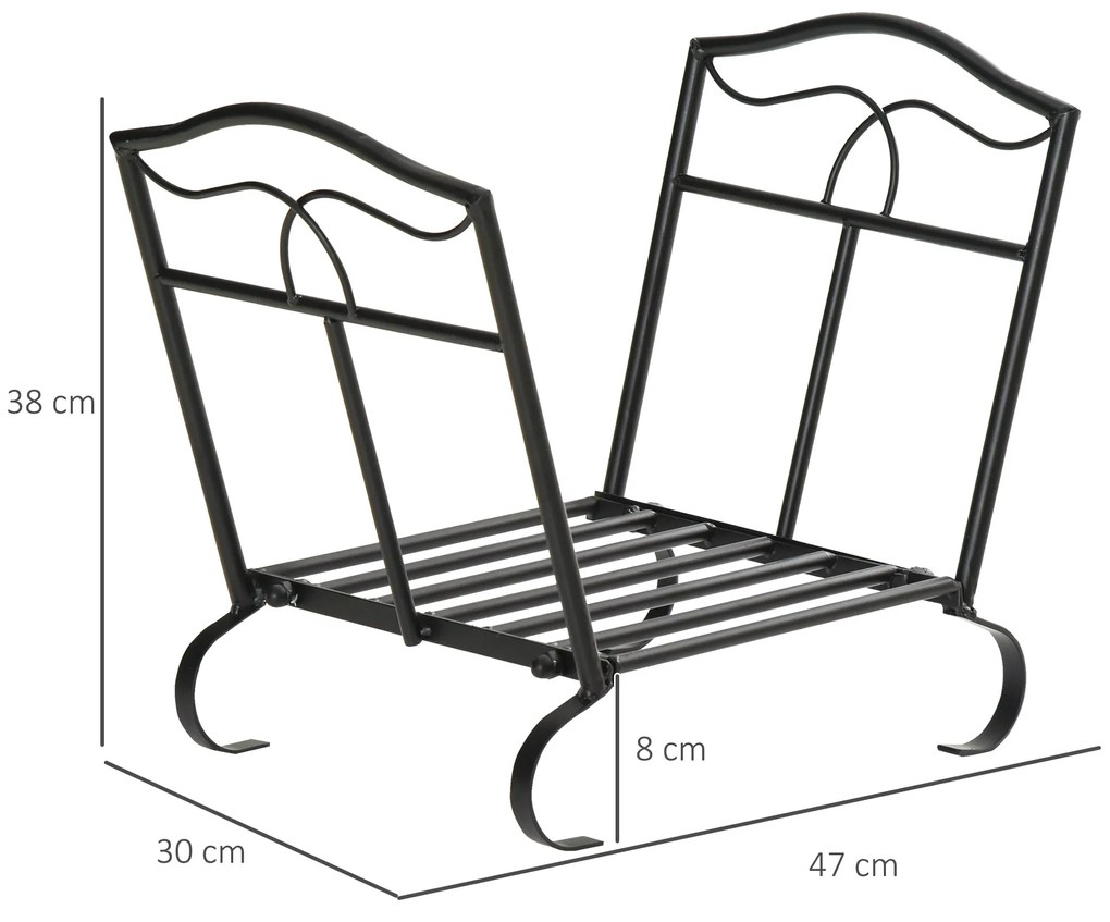 Outsunny Suporte para Lenha Metálico Porta Lenha Exterior e Interior com Grade e Base Elevada Carga Máxima 40kg 47x30x38cm Preto