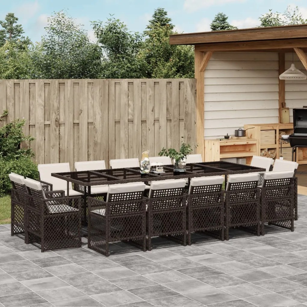 vidaXL 15 pcs conjunto jantar p/ jardim c/ almofadões vime PE castanho