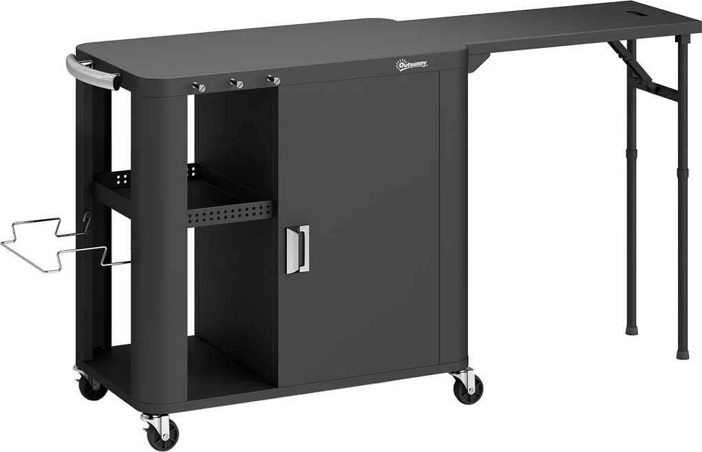 Outsunny Servente de Jardim Carrinho de Churrasco sobre Rodas com Mesa Lateral Dobrável Armário Prateleiras 166x54x88 cm Preto | Aosom Portugal