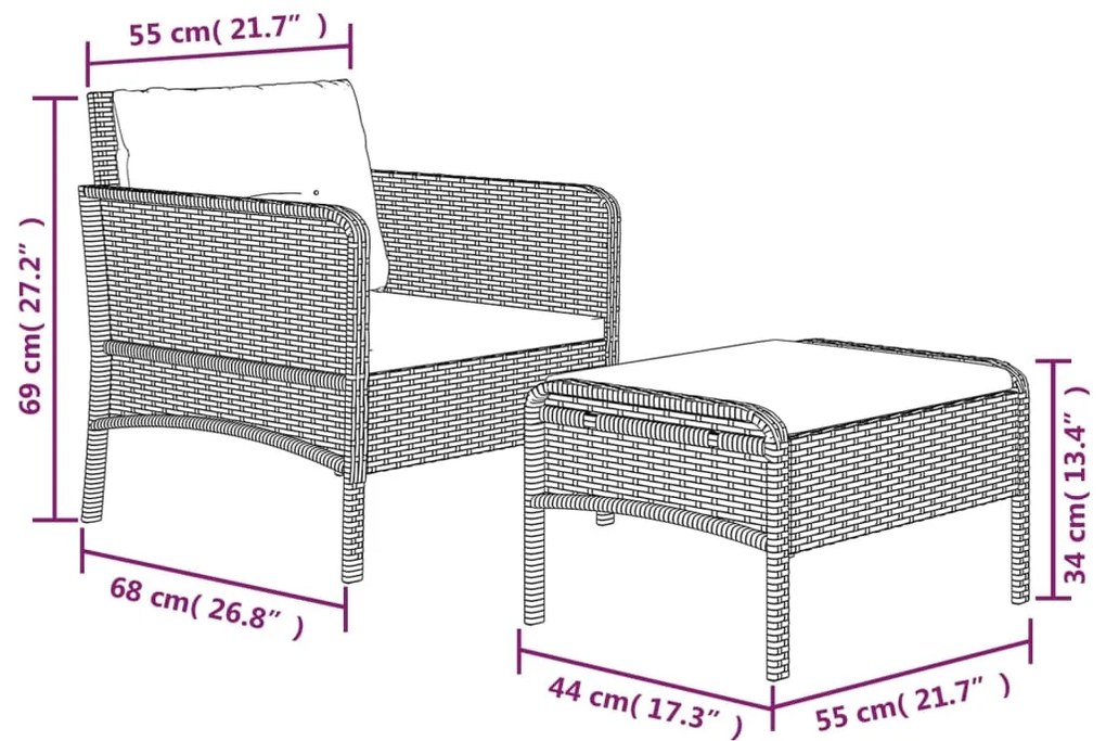 2 pcs conjunto lounge de jardim c/ almofadões vime PE cinzento