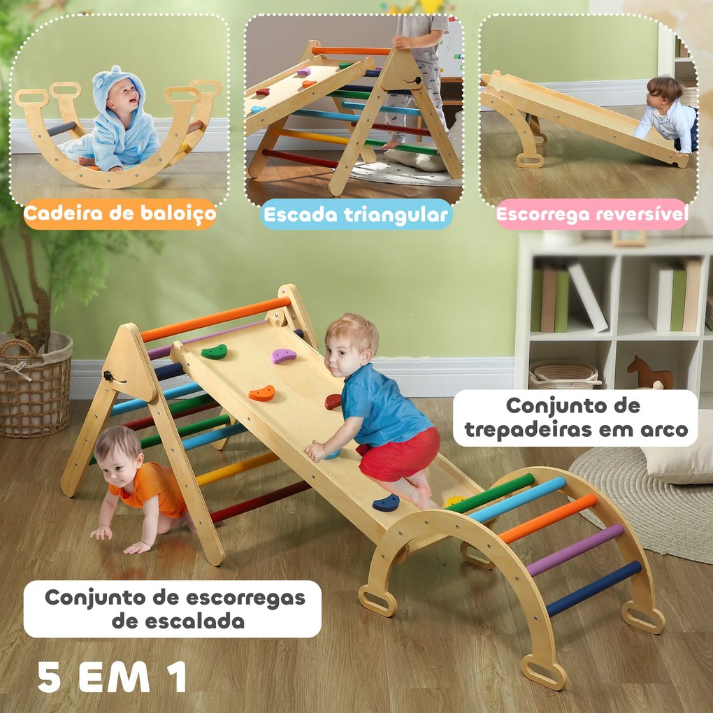 Triângulo de Escalada de Madeira 5 em 1 Escada para Crianças de 18-48 Meses com Rampa e Arco de Escalada 178x64,5x63 cm Multicor
