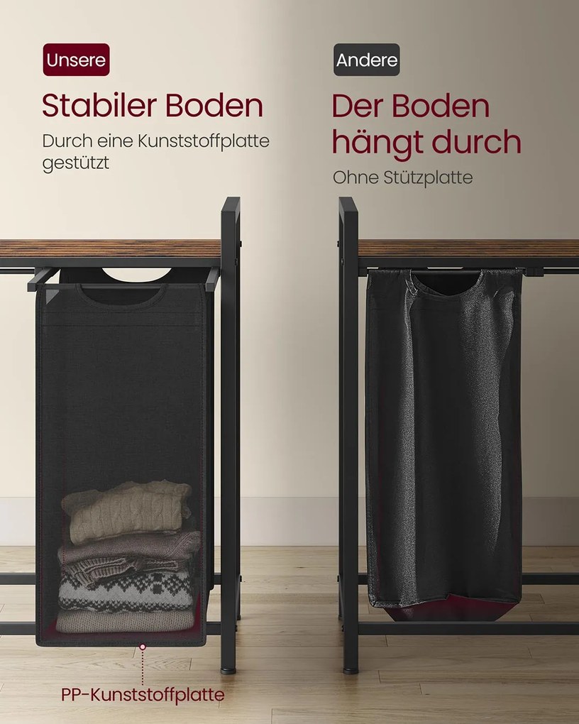 Cesto para roupa suja 143,5 x 33 x 72 cm com prateleira em tecido Oxford preto-castanho