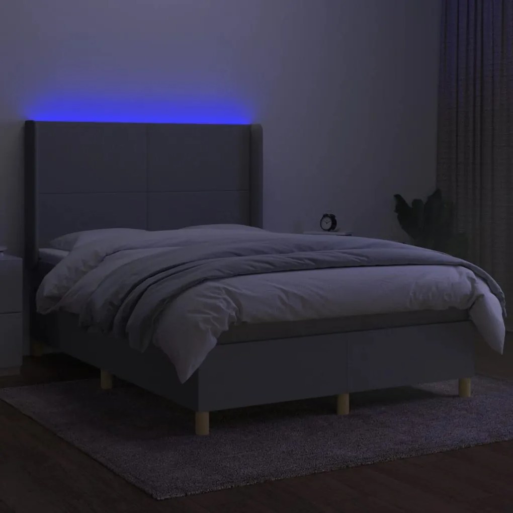 Cama box spring c/ colchão e LED 140x190 cm tecido cinza-claro