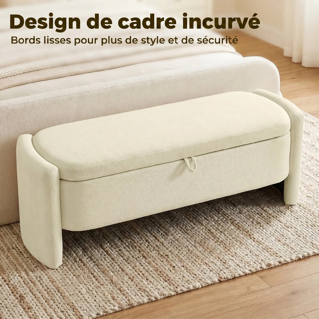 Banco de cabeceira, 118 x 42 x 45 cm, banco com arrumação estofado em tecido felpudo, pés em madeira de eucalipto, creme