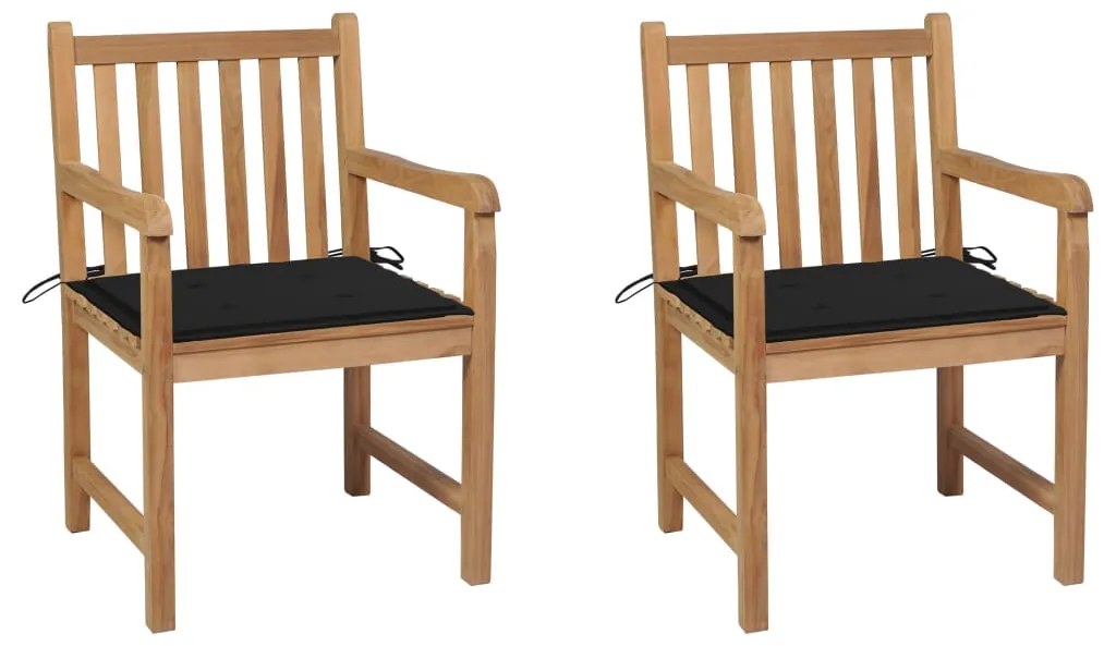 vidaXL Cadeiras de jardim c/ almofadões pretos 2 pcs teca maciça