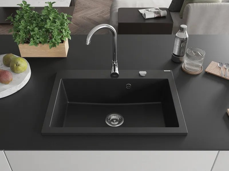 Mexen Elix lava-louça de granito de 1 bacia 700 x 500 mm, preto, sifão cromado - 6526701005-77
