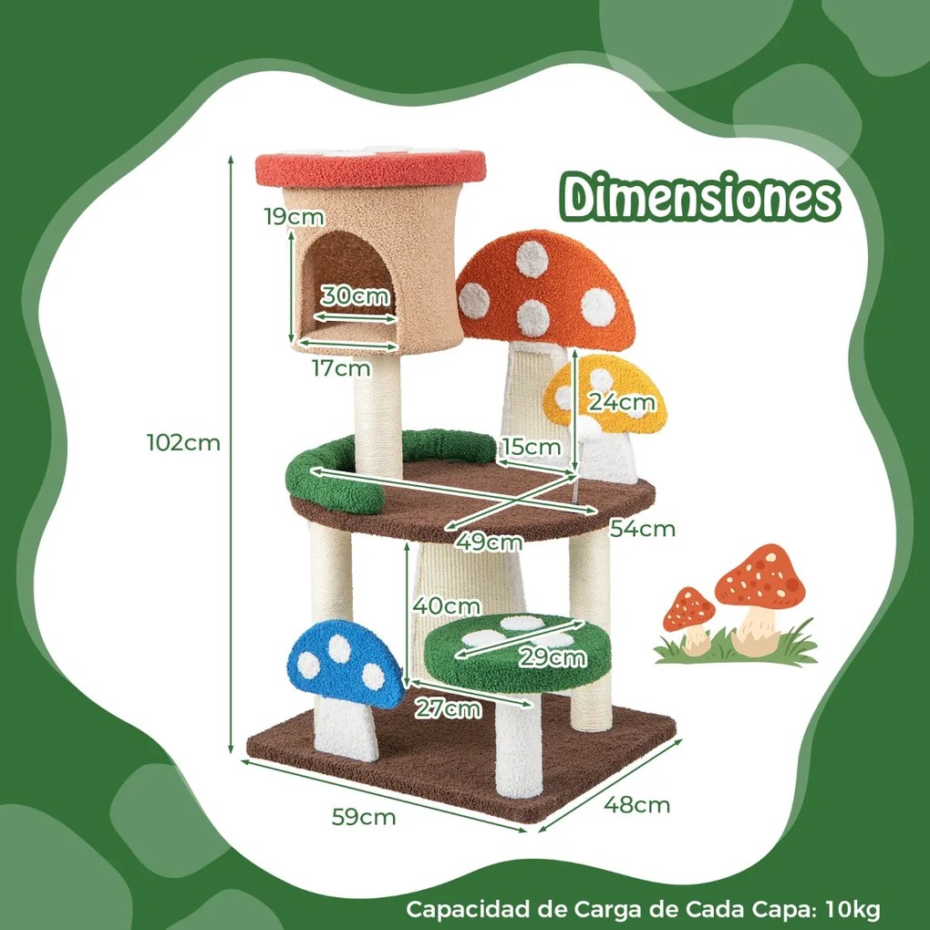 Arranhador para gatos 4 em 1 formato cogumelos Plataforma com Postes de Sisal e Tábuas de Arranhar Multicolor