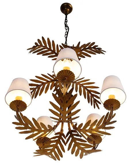 Candeeiro de teto dourado com abajures de linho branco 5 luzes - Botanica Rústico