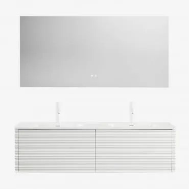 Conjunto De Móvel De Casa De Banho Suspenso 160x50 Cm Em Madeira Com Lavatórios Integrados Noura Branco & Retangular Led E - Sklum