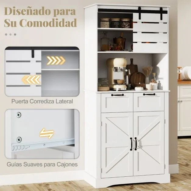 Armário de despensa de cozinha 80 x 40 x 180 cm com tomada elétrica com portas, gavetas e prateleira ajustável Suporte branco