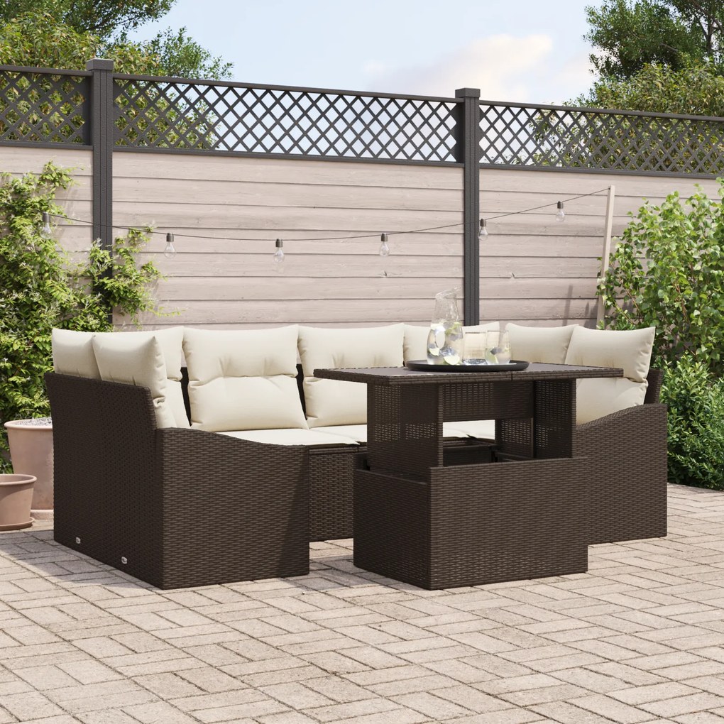 Conjunto de Sofá de Jardim de 7 Peças com Almofadas Castanho em Rattan