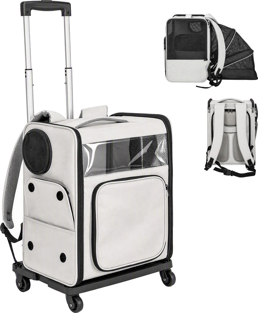 Saco de Transporte para Gatos, 34 x 28 x 43 cm, Conversível em Trolley e Mochila, Cinzento