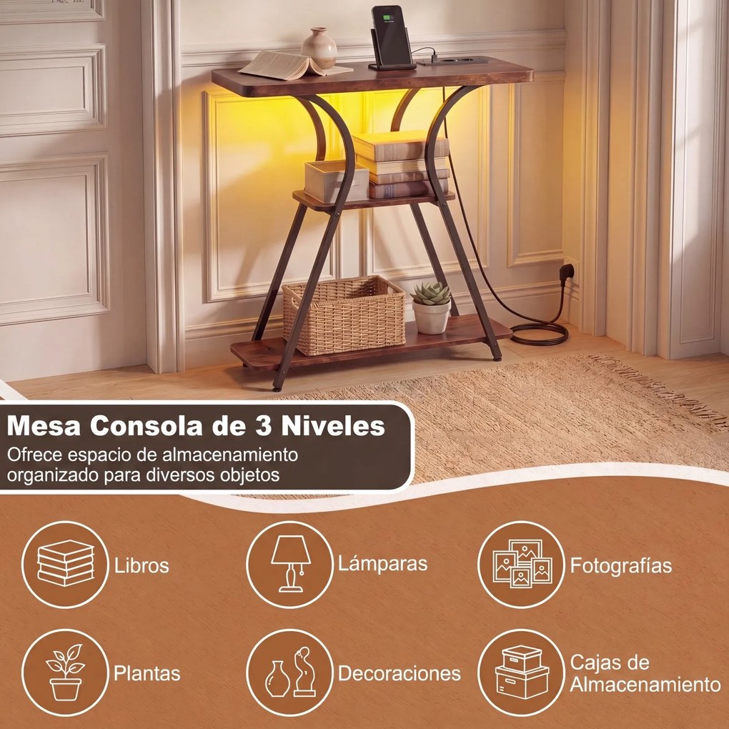 Mesa consola com luzes LED e estação de carregamento 79,5 x 30,5 x 81,5 cm, 3 níveis, estantes abertas, kit anti-tombamento, estrutura metálica, para