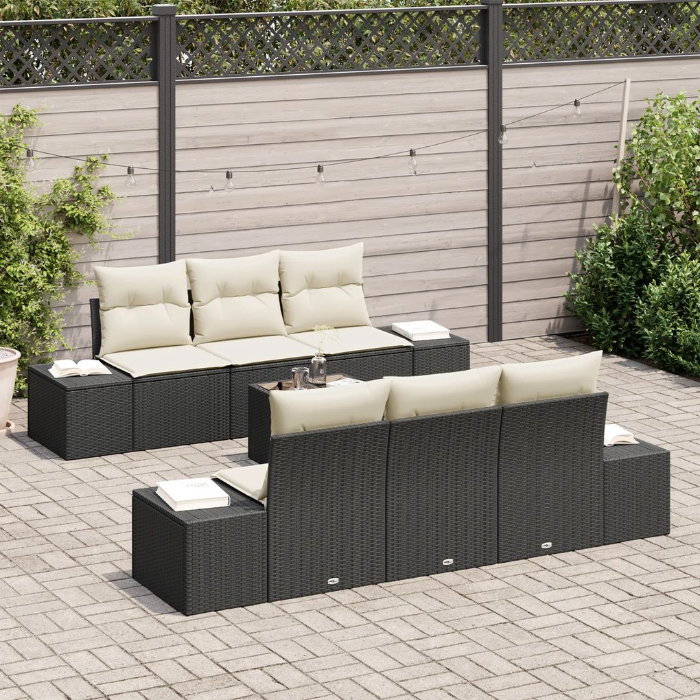 Conjunto de Sofá de Jardim com 7 Peças e Almofadas Preto de Rattan
