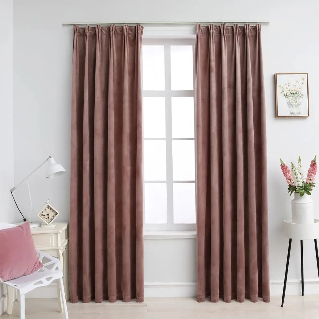 134525 vidaXL Cortinas blackout c/ ganchos 2 pcs 140x225cm veludo rosa antigo