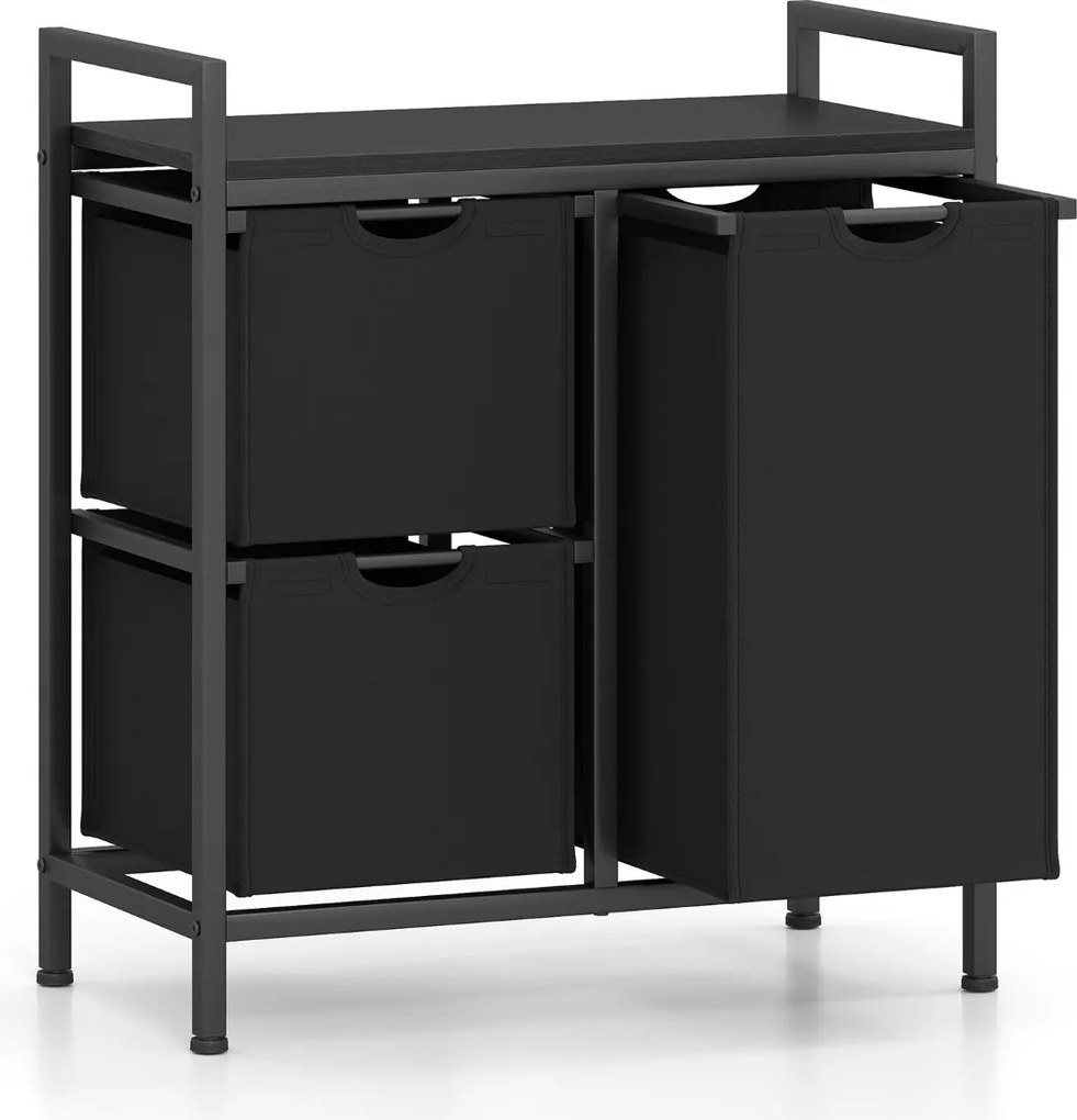 Cesto para roupa suja 66,5 cm x 33 cm x 72 cm com prateleira e 3 sacos removíveis para casa de banho e quarto Preto