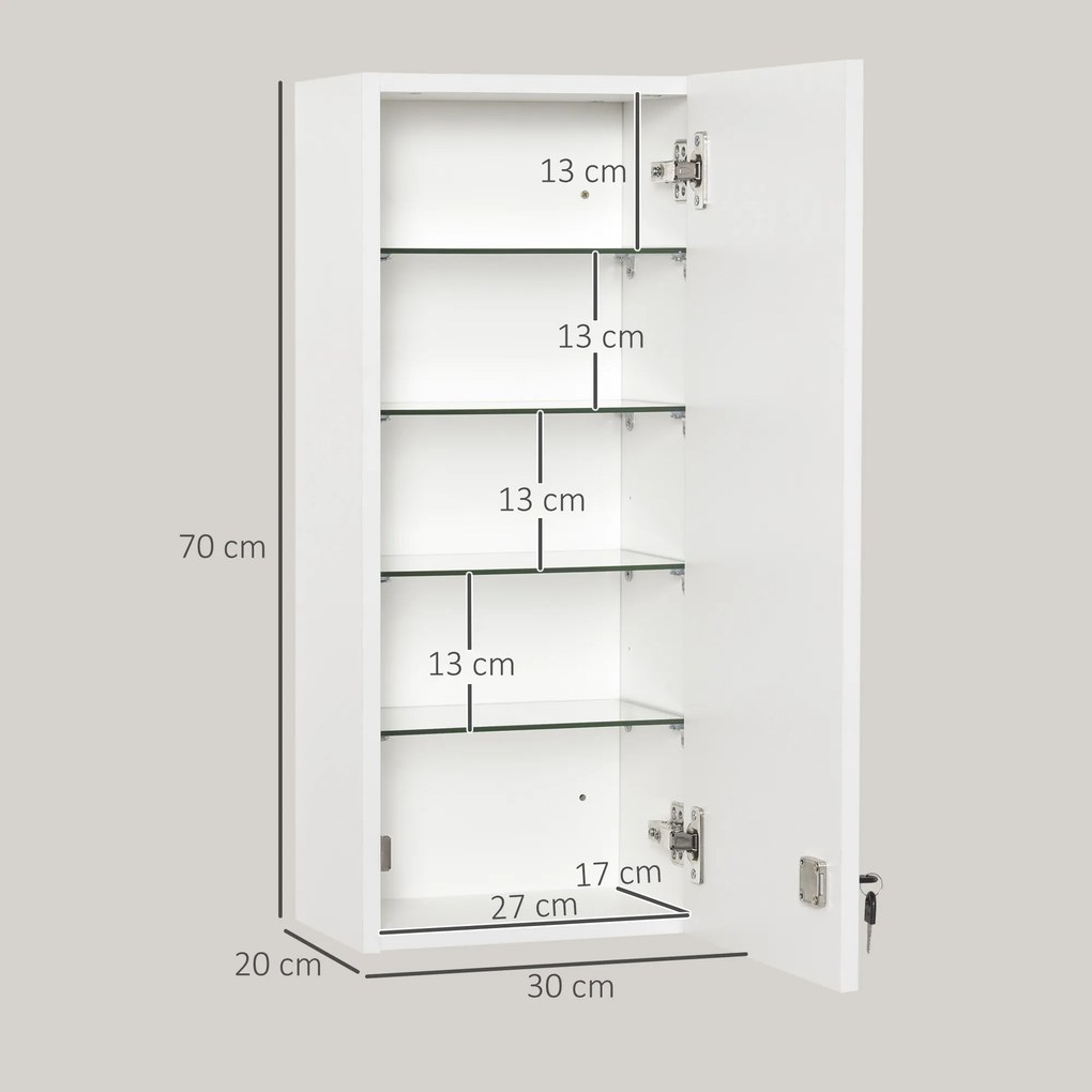 Armário de Medicamentos de Parede 5 Níveis com Prateleiras de Vidro Ajustáveis Fechadura Chaves 30x20x70 cm Branco