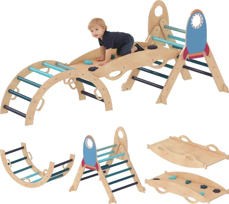 Triângulo de Escalada Montessori 7 em 1 Estrutura de Escalada de Madeira Tema de Foguete Azul