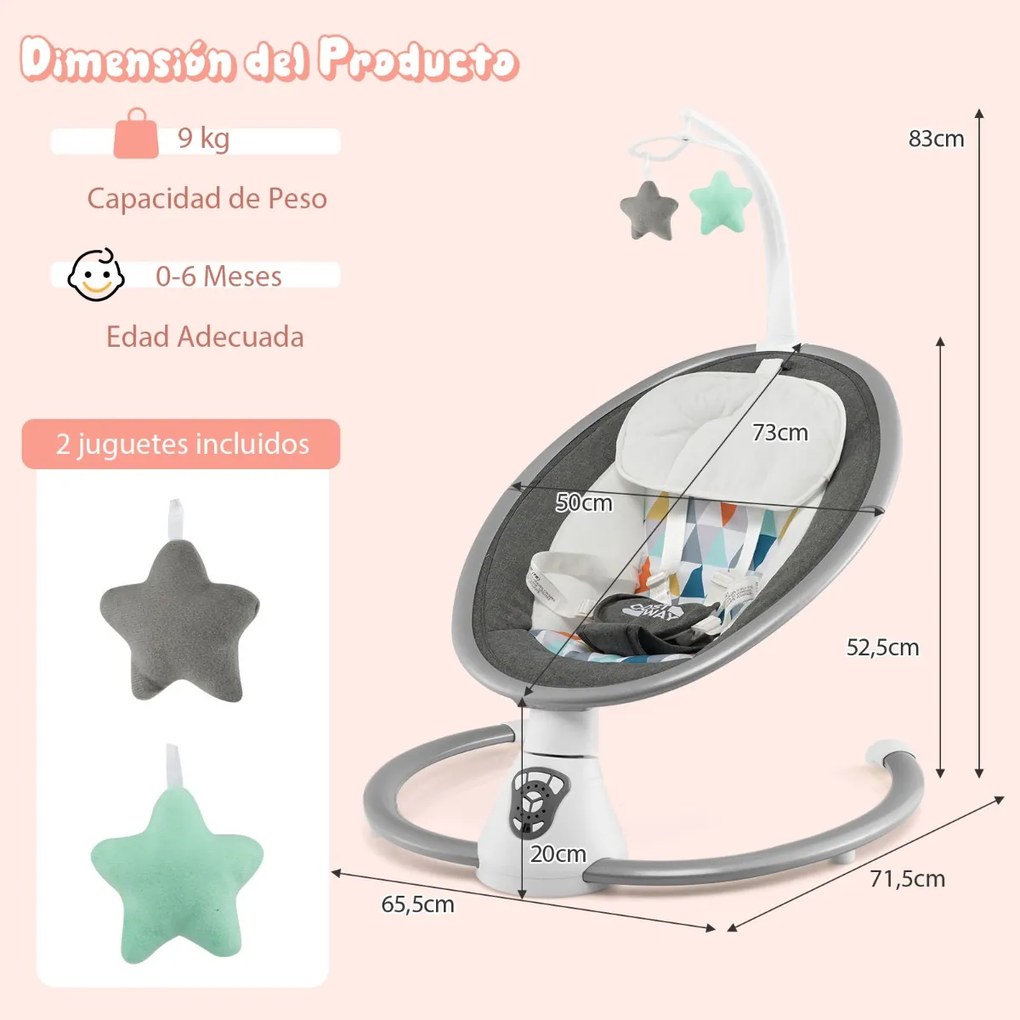 Baloiço elétrico para bebés com 5 níveis de balanço Temporizador Cinto de segurança Cinto de segurança Brinquedos Altifalante e controlo remoto Cinzen