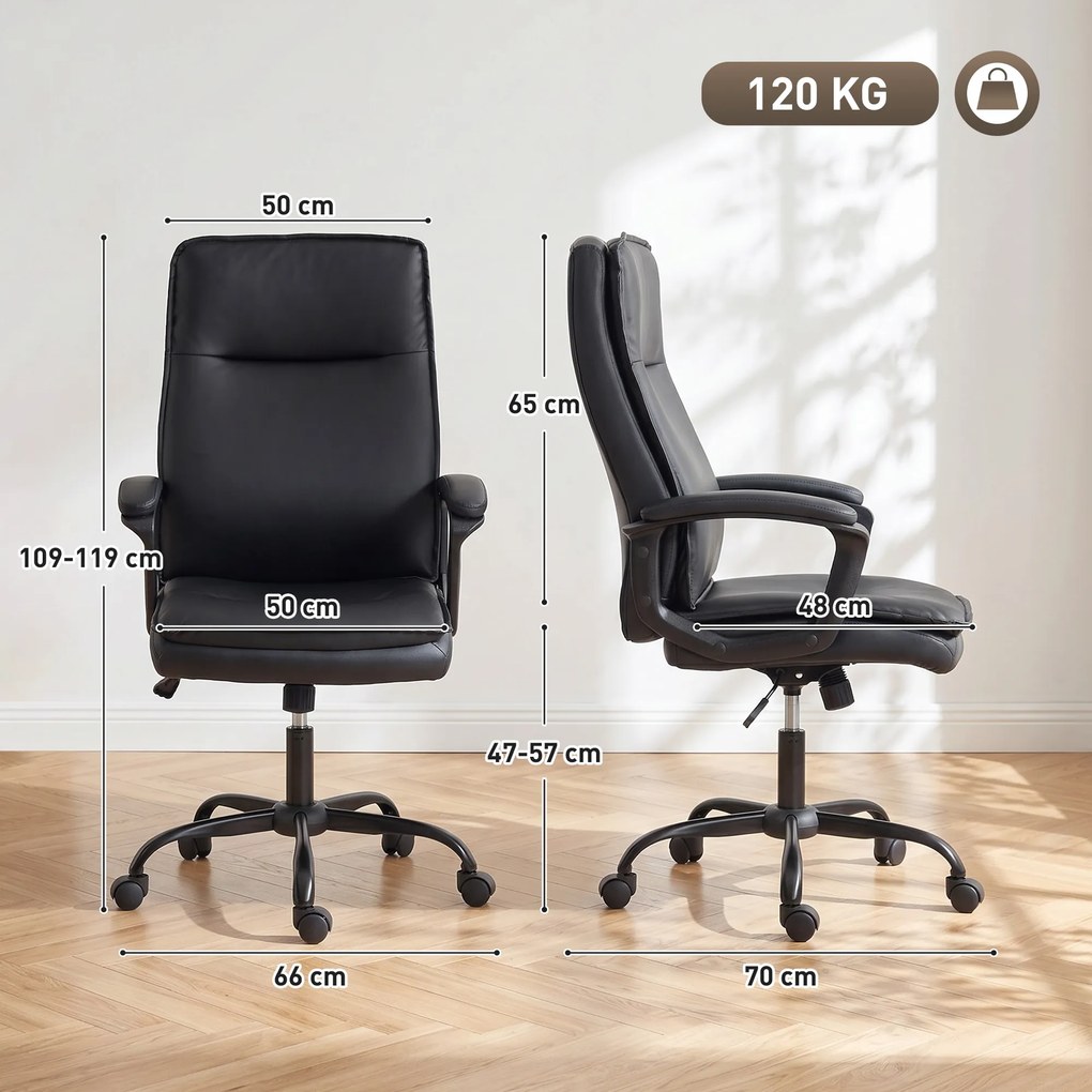 Cadeira de escritório ergonómica, cadeira de escritório em PU, altura ajustável, função de balanço, giratória a 360°, preta