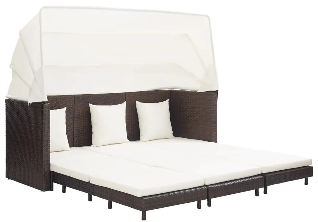 vidaXL Espreguiçadeira extensível 3 lugares com toldo vime PE castanho