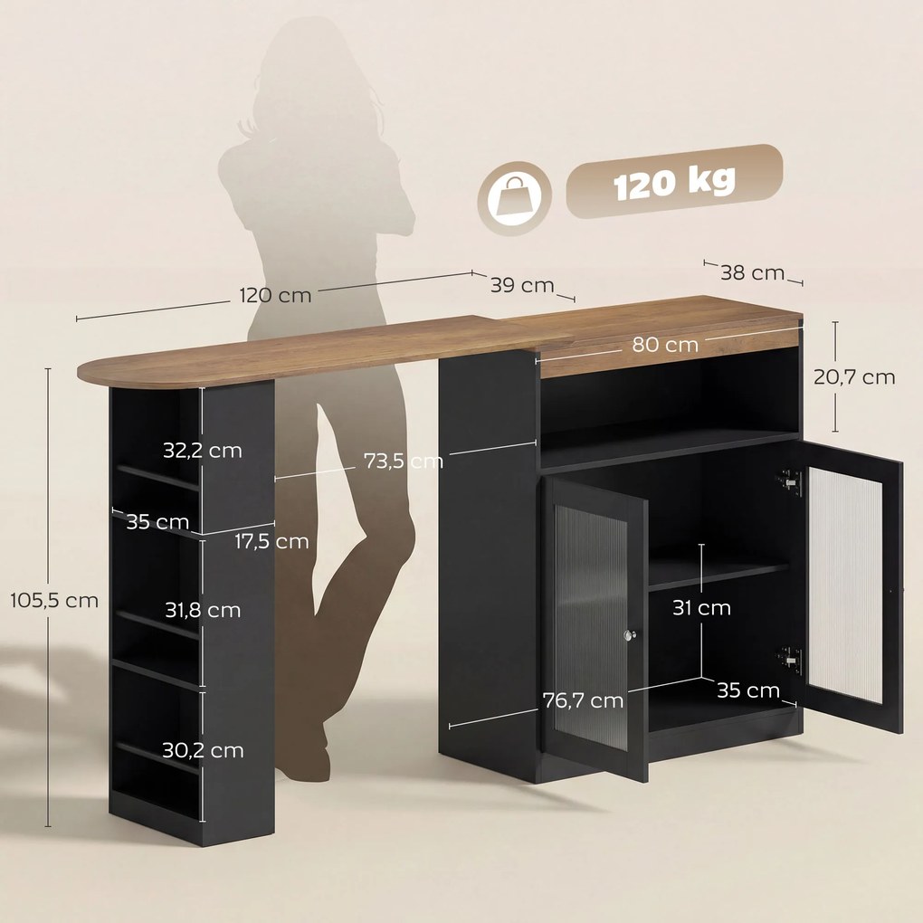 Mesa de Bar Extensível e Giratória 360° com Prateleiras Abertas e 2 Portas de Vidro 150x80x105,5 cm Preto e Madeira