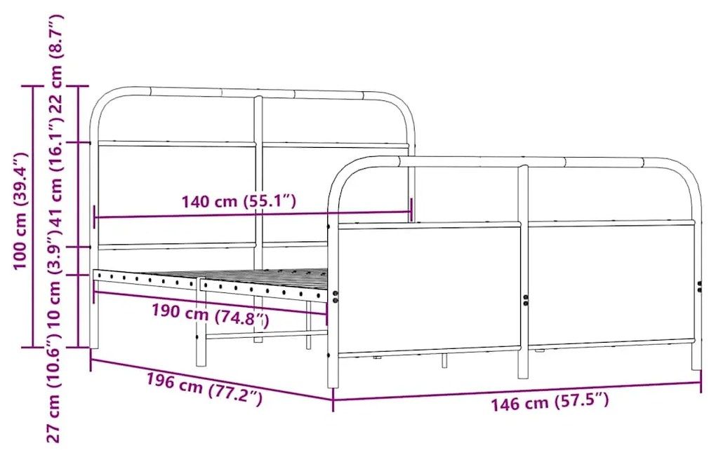 Estrutura de cama sem colchão 140x190cm metal carvalho castanho