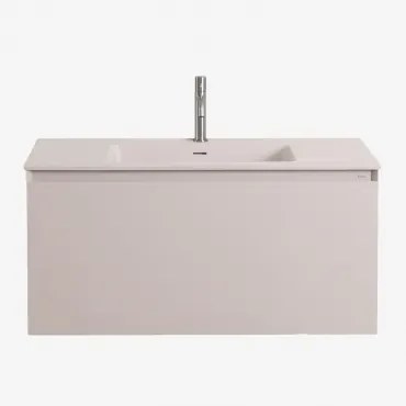 Conjunto De Móvel De Casa De Banho Suspenso Em Madeira Com Lavatório Integrado Macrae Crema Linho & Sem Espelho & - Sklum