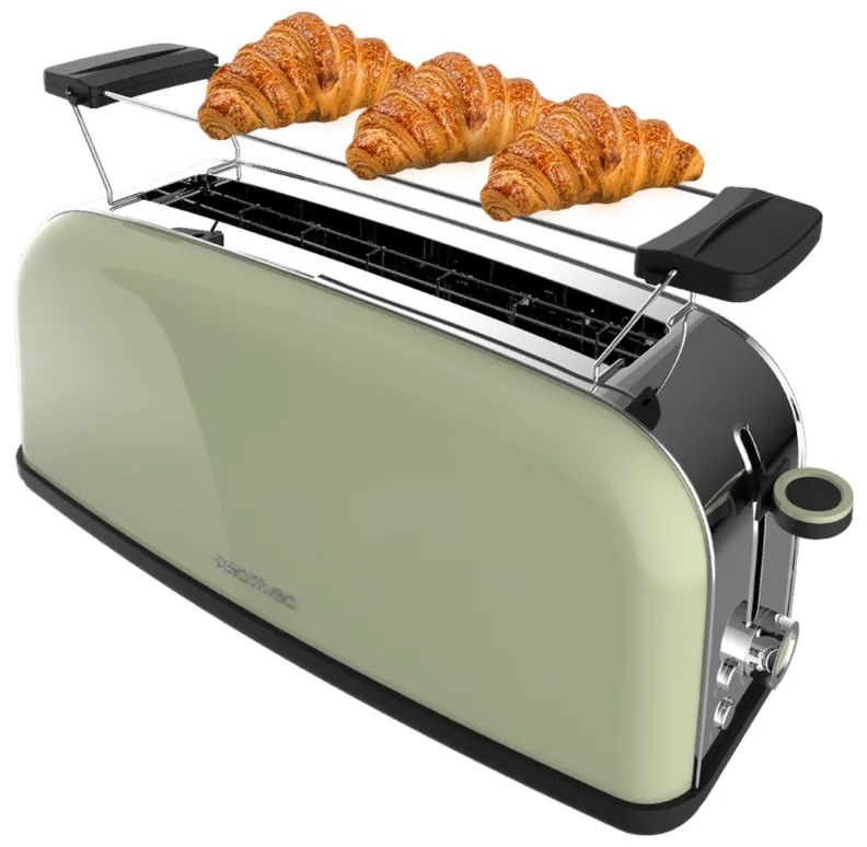 Torradeira vertical Toastin' time 850 Green Long de aço com ranhura longa e suporte para pãezinhos