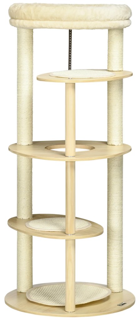 PawHut Árvore Arranhador para Gatos de Madeira com Múltiplas Plataformas Cama e Almofada Ø54x123,5 cm Carvalho