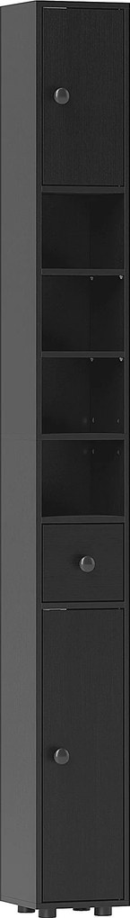 Coluna Casa de Banho Estreita  20x20x180 cm com 1 Gaveta 4 Prateleiras Abertas e Prateleiras Ajustáveis Preto