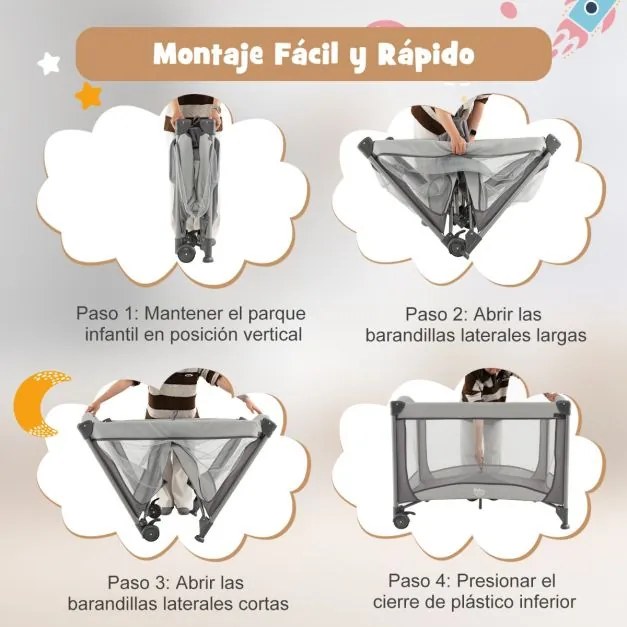 Berço e Centro de atividades bebés portátil 5 em 1 com berço de proteção, trocador de fraldas, colchão removível, 2 rodas, 110 x 78 x 78 cm, cinza