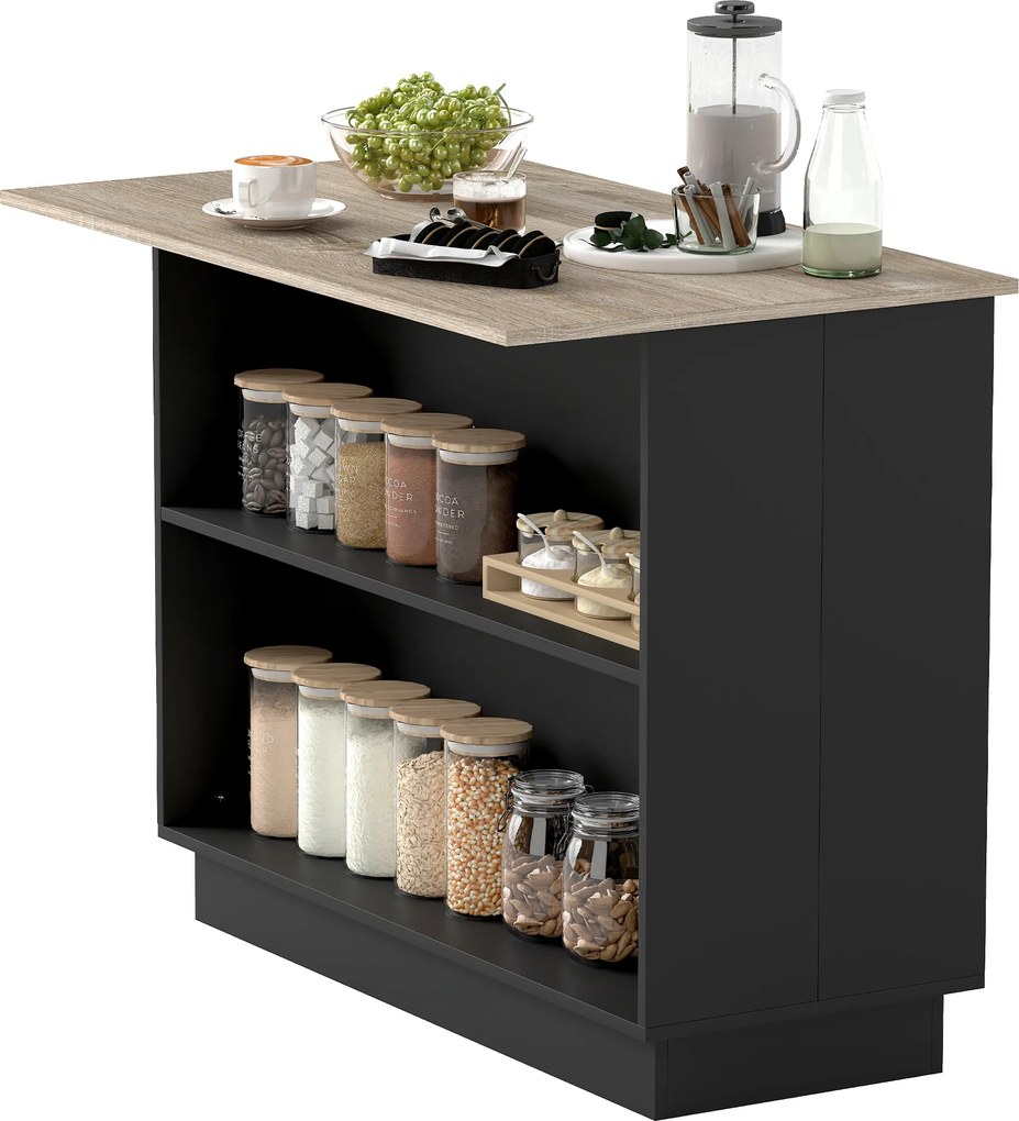 Mesa de apoio para ilha de cozinha com prateleira ajustável (BANCOS NÃO INCUIDOS), 2 compartimentos abertos, 2 armários e bancada com efeito de madeir