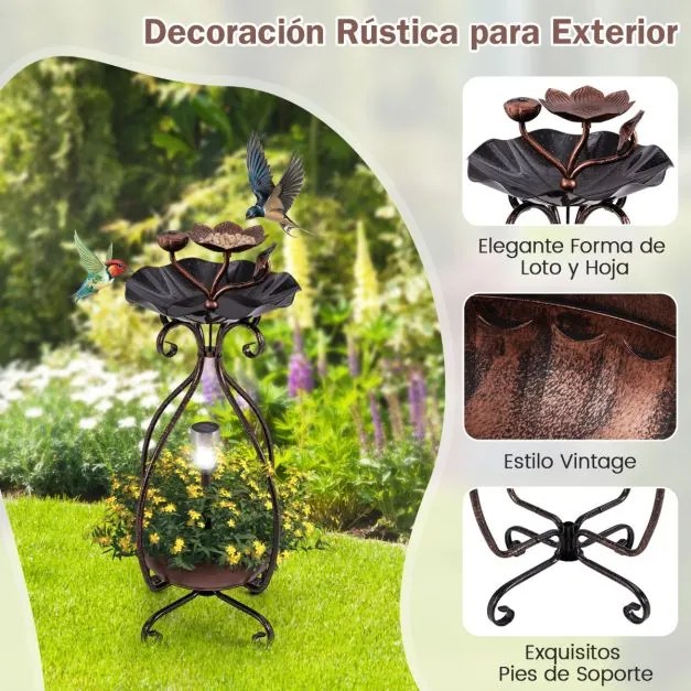 Conjunto Vintage de Banheira e Comedouro para Pássaros com Floreira com Pedestal e Luzes Solares Banheira Decorativa para Pássaros para Jardim - Bronz