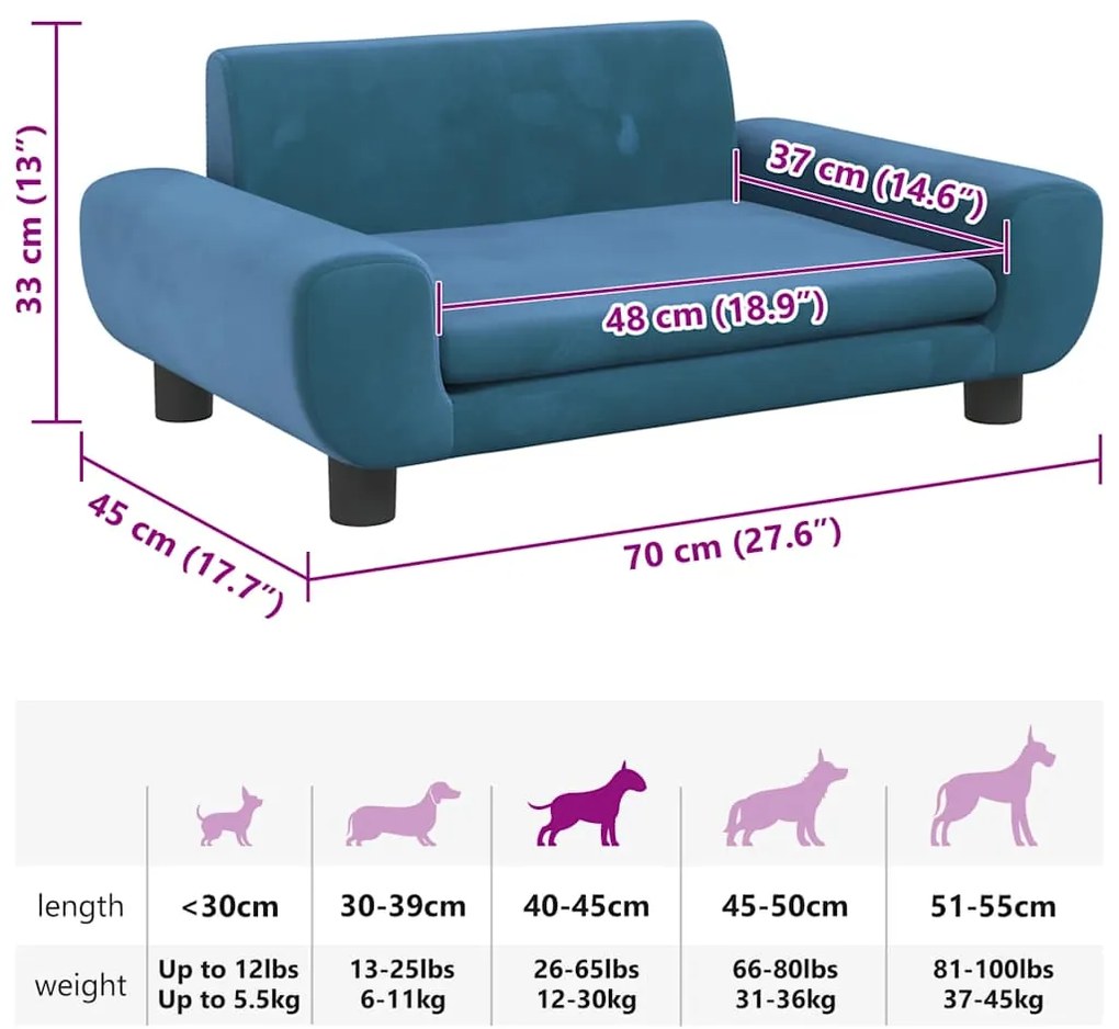 Cama para cães 70x45x33 cm veludo azul