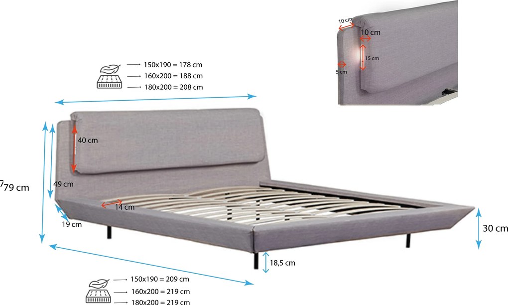 Cama de Casal Flutuante Beatrice com Colchão – 180x200 cm – Cinzento –