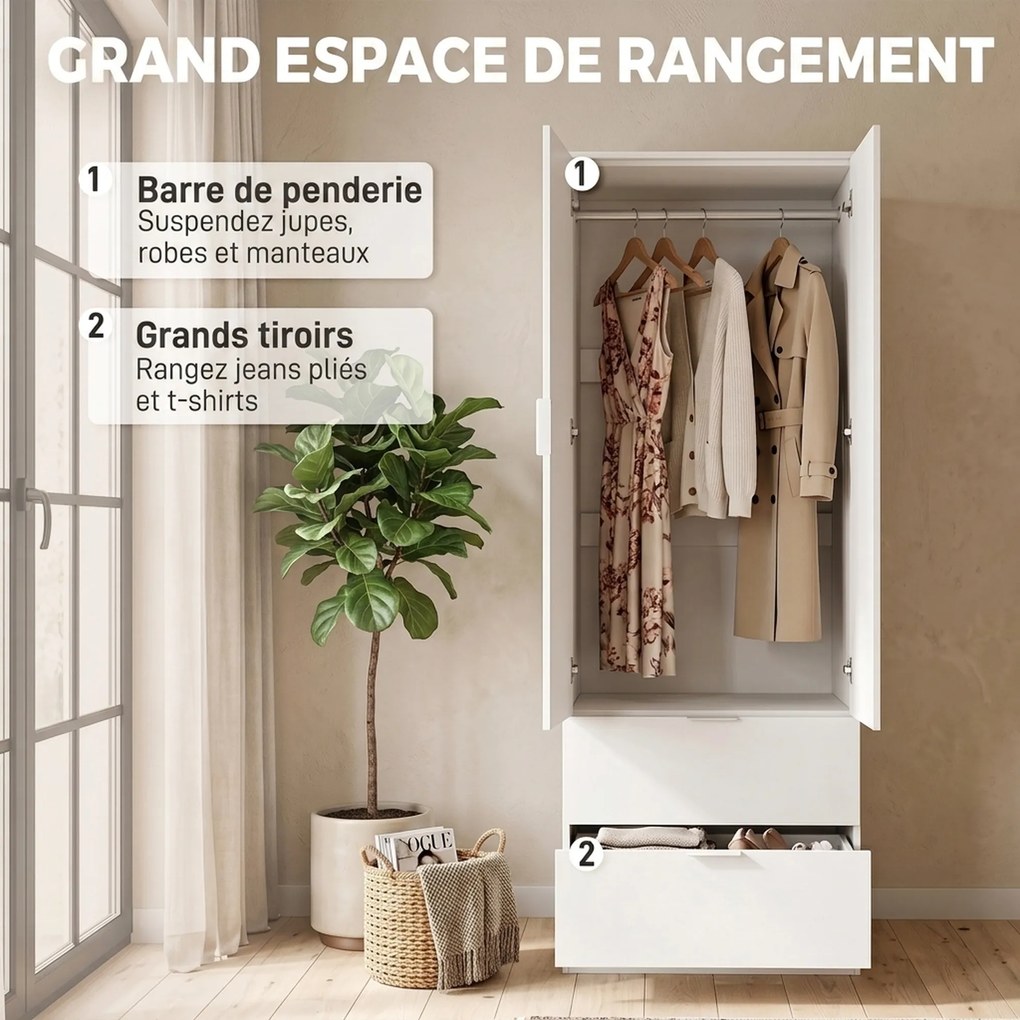 Guarda roupa, 60 x 47 x 180 cm, Com 2 Gavetas, Branco