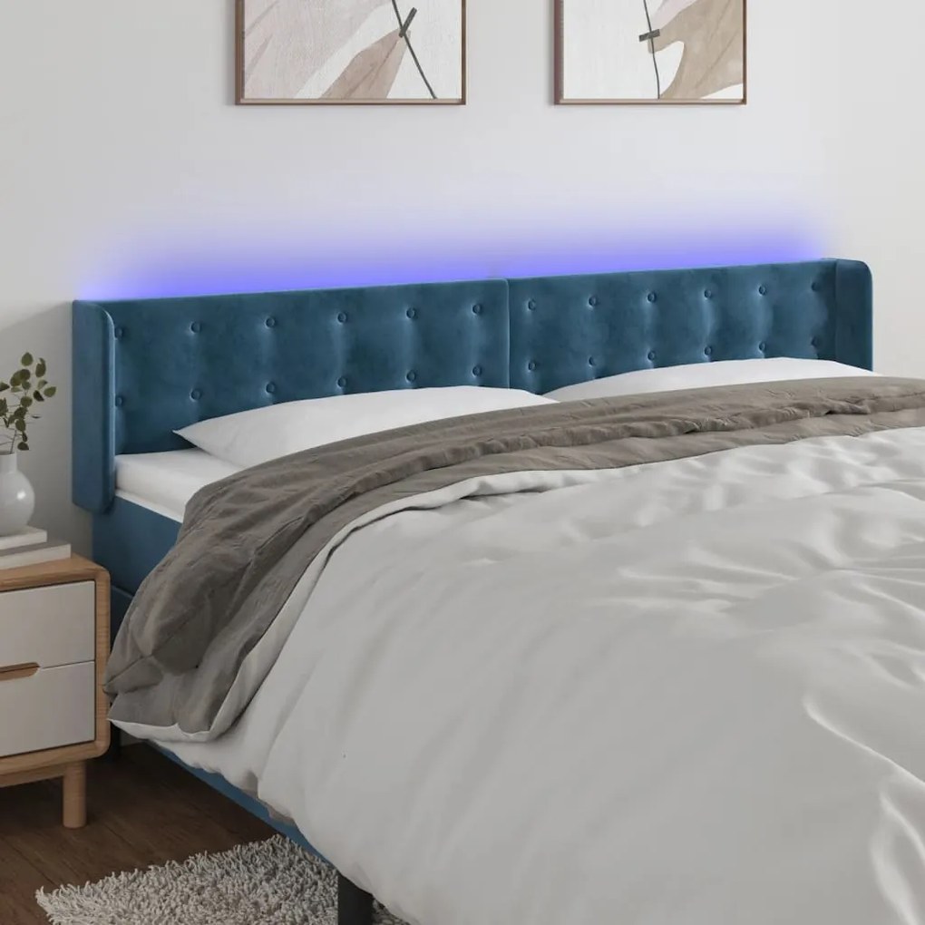 Cabeceira cama c/ luzes LED veludo 203x16x78/88 cm azul-escuro