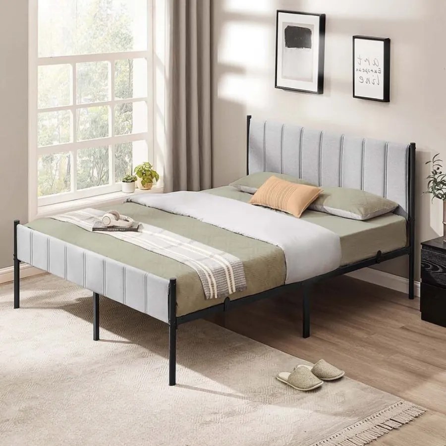 Estrutura de cama de casal 207 x 161,5 x 104 cm (COLHÃO NÃO INCLUIDO) com base em aço cinzento
