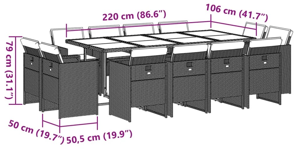 13 pcs conjunto de jantar p/ jardim com almofadões vime PE bege