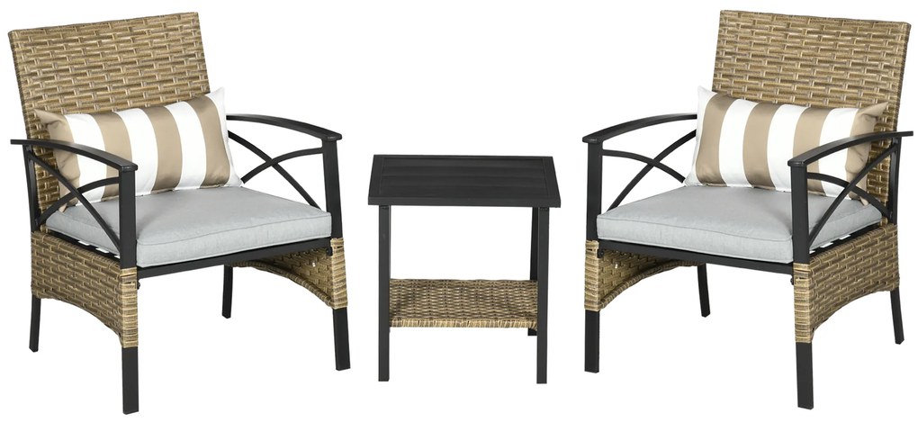 Outsunny Conjunto de Poltronas e Mesa de Centro de Vime 3 Peças Conjunto de Móveis de Vime com Almofadas Acolchoadas e Estrutura de Aço para Varanda Pátio 46x46x48cm e 59x71x80cm Marrom Claro