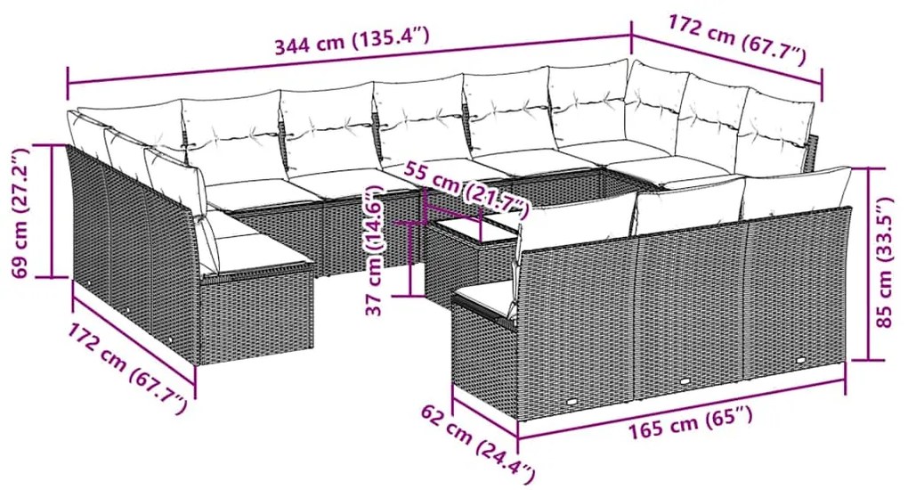 14 pcs conjunto de sofás p/ jardim c/ almofadões vime PE preto