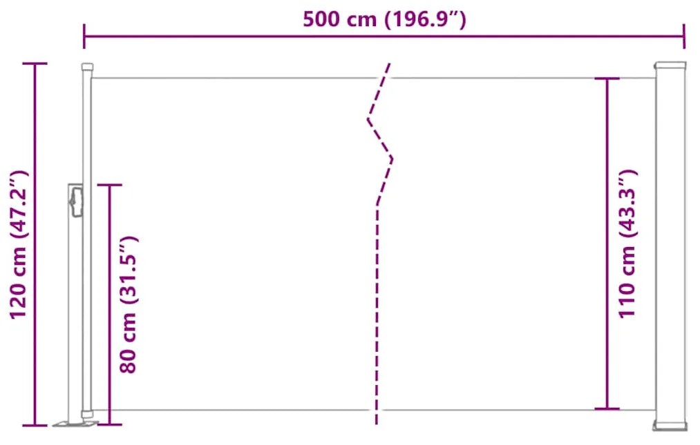 Toldo lateral retrátil para pátio 120x500 cm vermelho