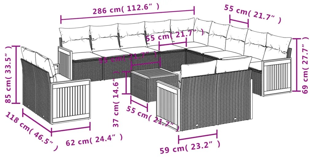 14 pcs conjunto sofás p/ jardim c/ almofadões vime PE cinzento
