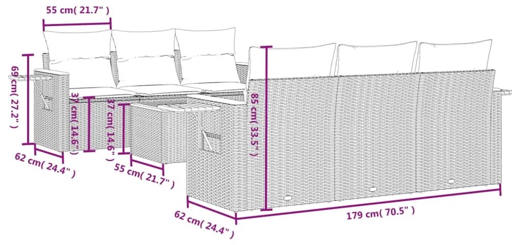 7 pcs conjunto de sofás p/ jardim com almofadões vime PE bege