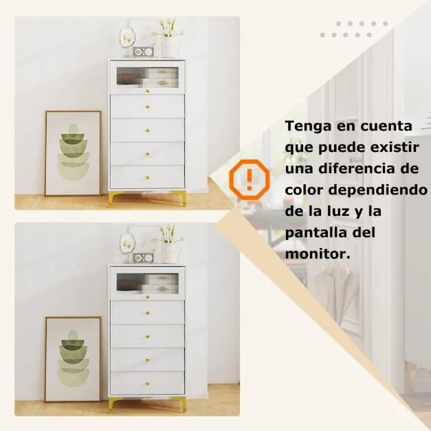 Cómoda 4 gavetas moderna 60 x 40 x 112,5 cm com porta de vidro canelado e gavetas extraíveis Pernas metálicas Branca