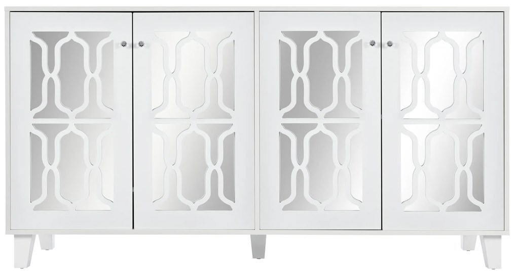 Aparador Branco com Espelho e Puxadores de Cristal, 4 Portas, Prateleira Interna Ajustável, Perfeito para Sala de Estar e Sala de Jantar, 160x40x84cm, Branco