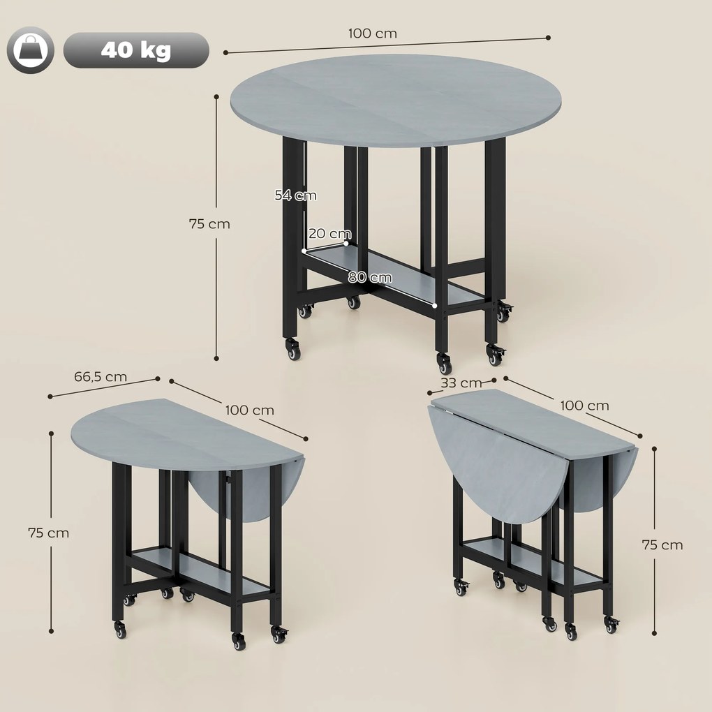 Mesa de Jantar Dobrável (CADEIRAS NÃO INCLUIDAS) com Rodas e Prateleira Aberta Mesa de Cozinha para Espaços Pequenos Cinzento Cimento